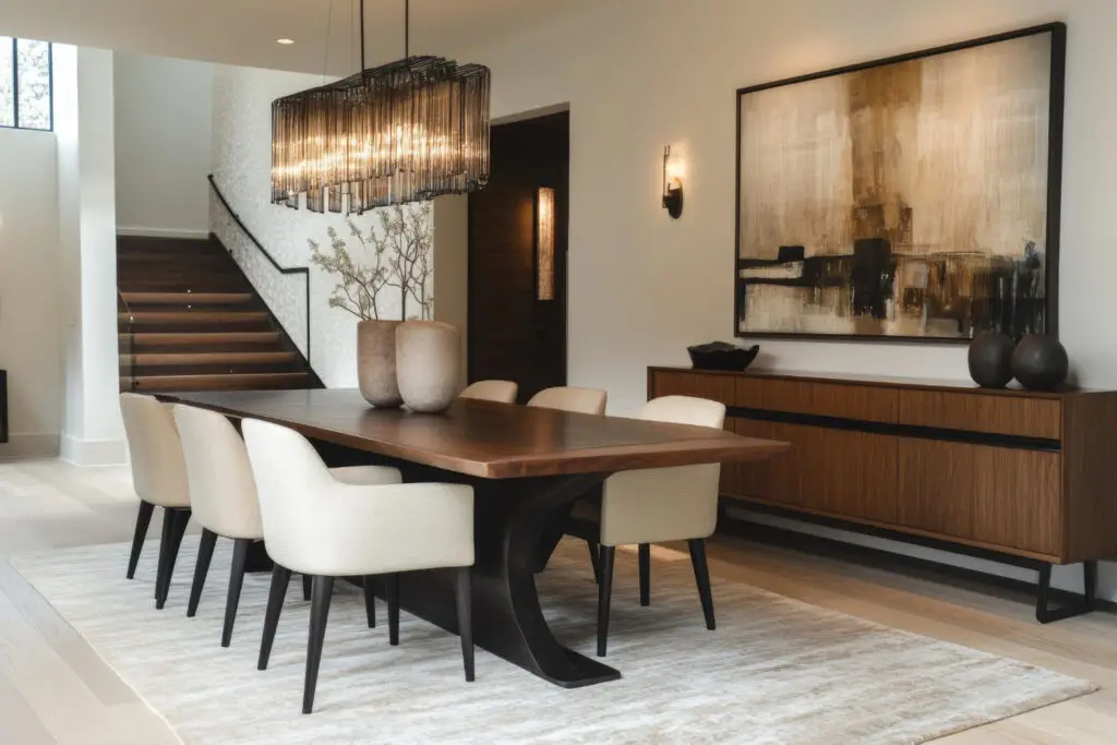 Elegant modern dining room with sleek furniture and neutral tones for a sophisticated home atmosphere
