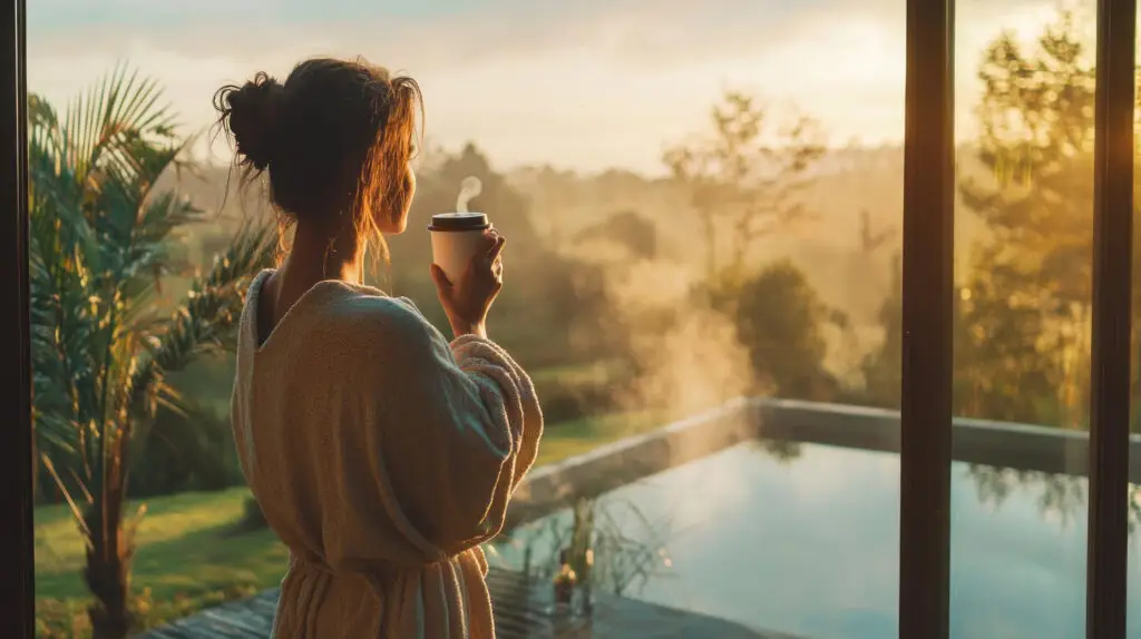 girl looking out the window while drinking coffee